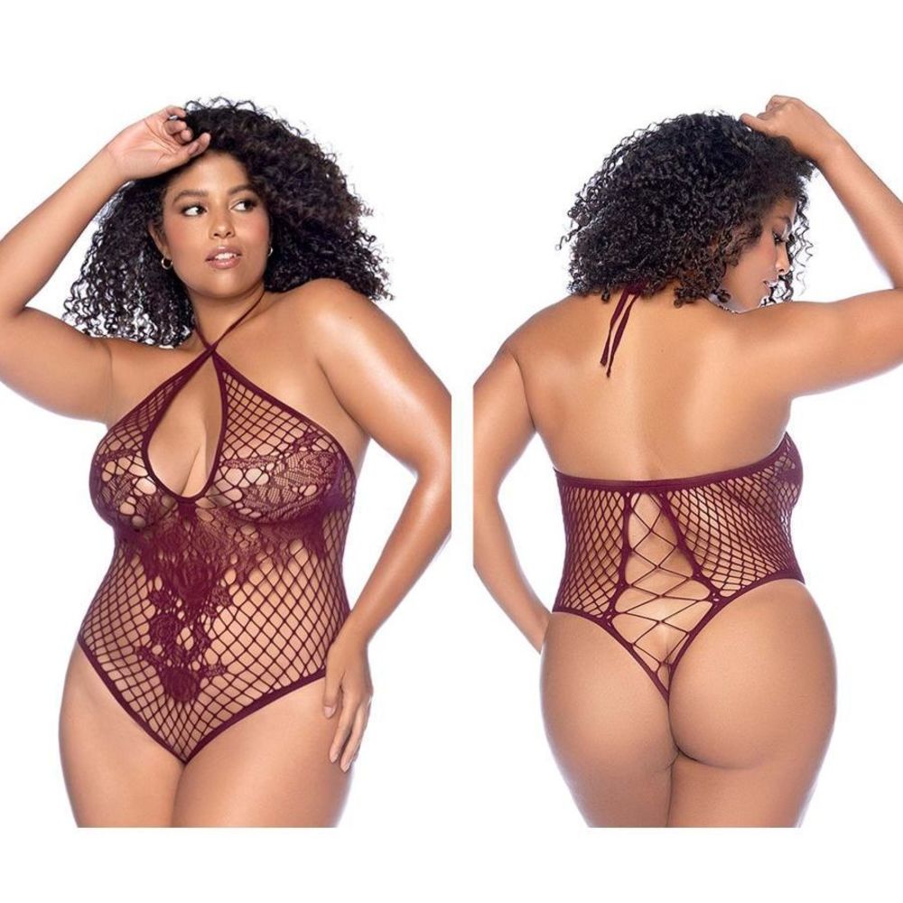 Mapale 1115X Floral Fishnet Bodysuit Color Cherry